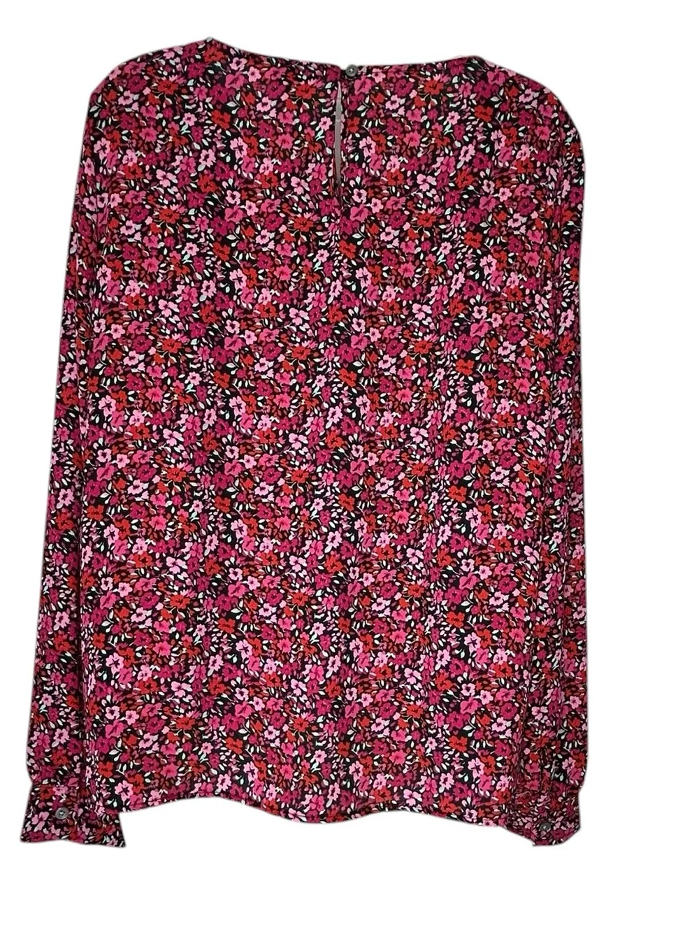 J CREW Factory Women L Pink Red Floral Flowers on Black Long Sleeve Blouse Top.